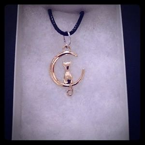 Gold Cat In Moon Necklace